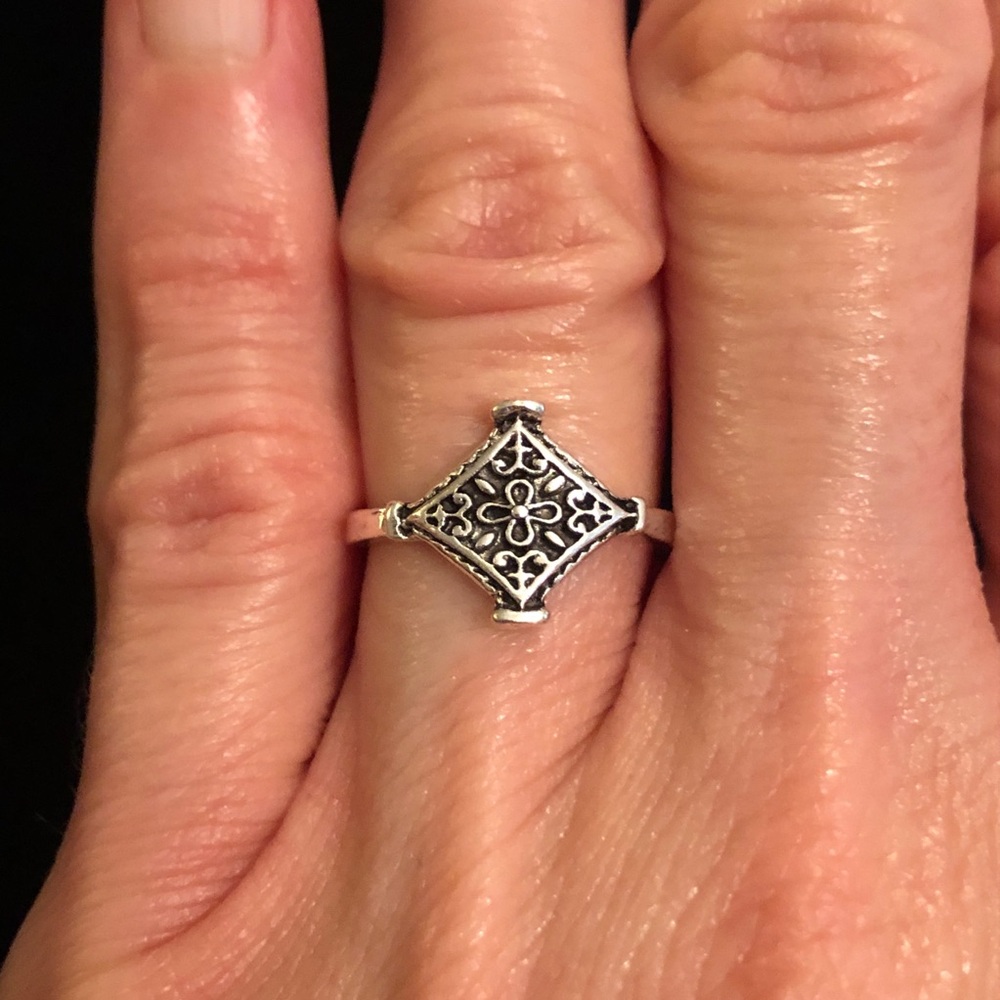 Silver Tone Ornate Square Ring